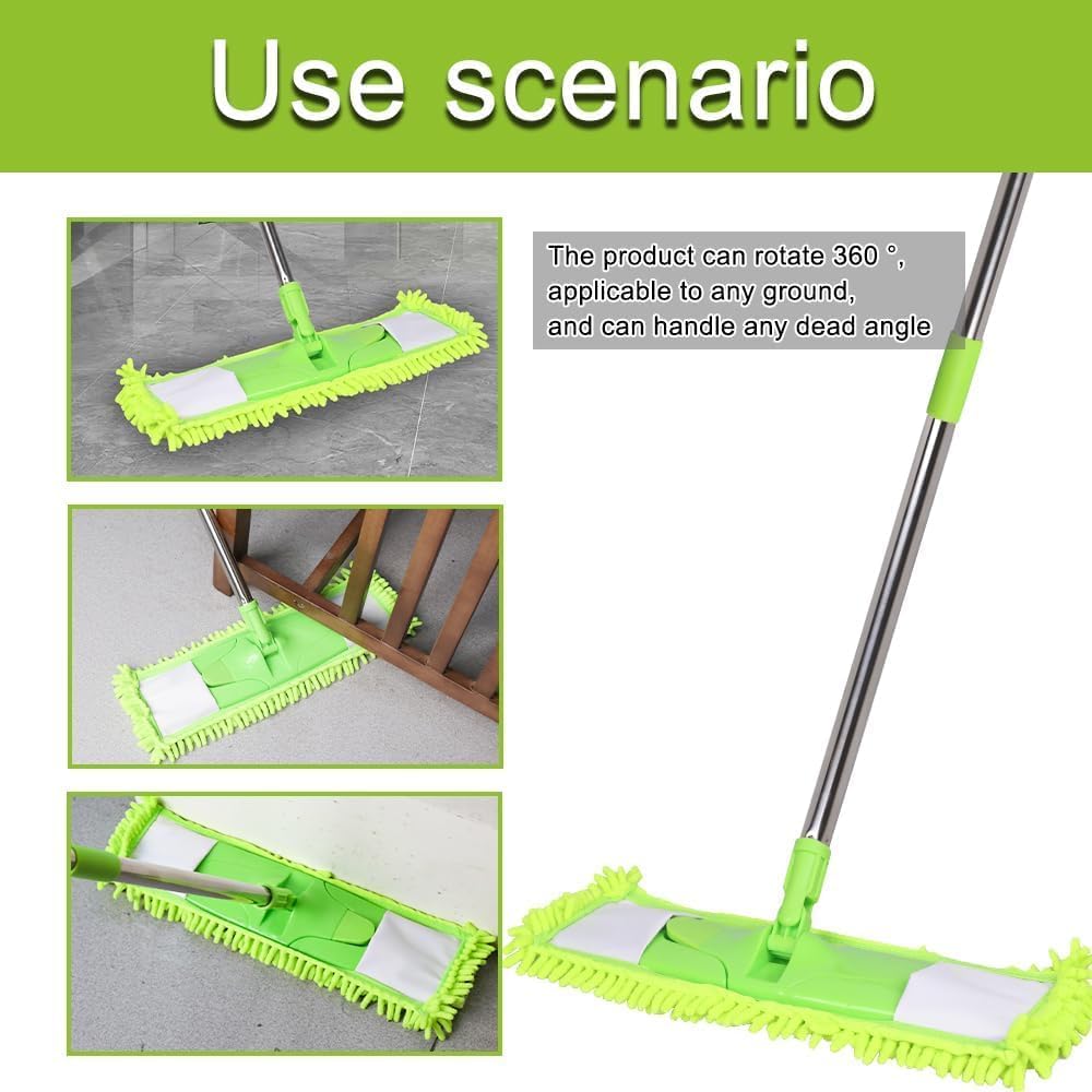 Trapeador de polvo para limpieza de suelos con 2 almohadillas de felpilla lavables y mango extensible de 55 pulgadas de largo, mopa plana seca y húmeda con estropajo para madera dura, laminado,