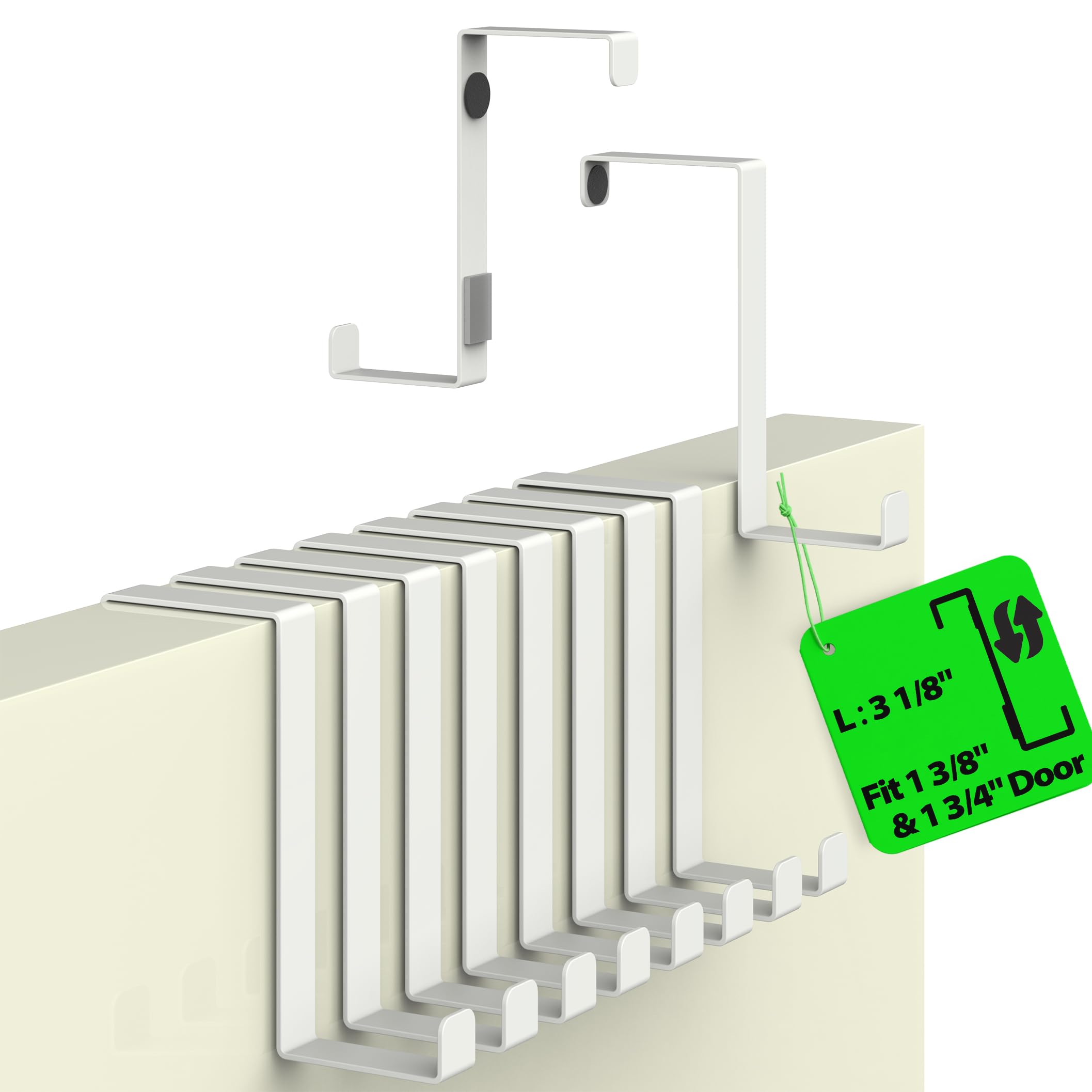 Menz Set of 10 Over The Door Hooks - White Coat Hanger, 2-Sided Towel Holder fits 1 3/8" & 1 3/4" - Hooks for Hanging with Anti-Scratch Felt Pads,