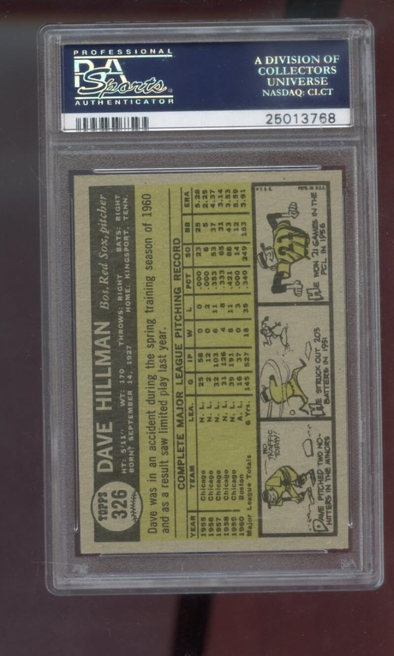 1961 Topps #326 Dave Hillman PSA 7 Graded Baseball Card MLB Boston Red Sox