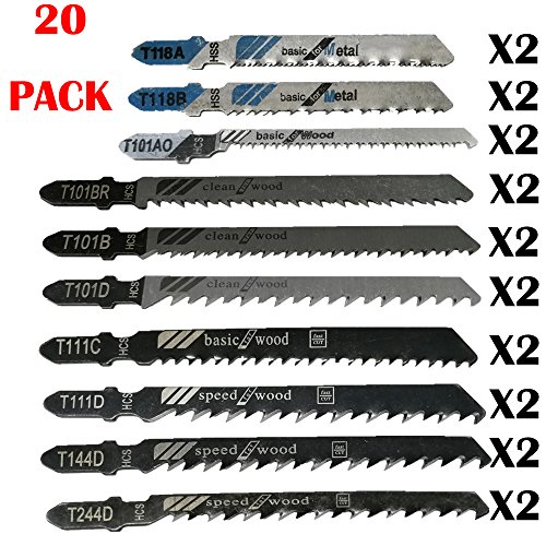 20 Pcs T-Shank Assorted Jigsaw Blades Set with Storage Case, Made with HCS