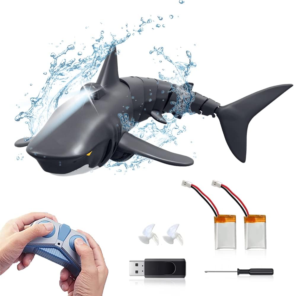 Masroo 2.4G Remote Control Shark Toy 1:18 Scale High Simulation Shark Shark for Swimming Pool Bathroom Great Gift RC Boat Toys for 5+ Year Old Boys and Girls (with 2 Batteries)