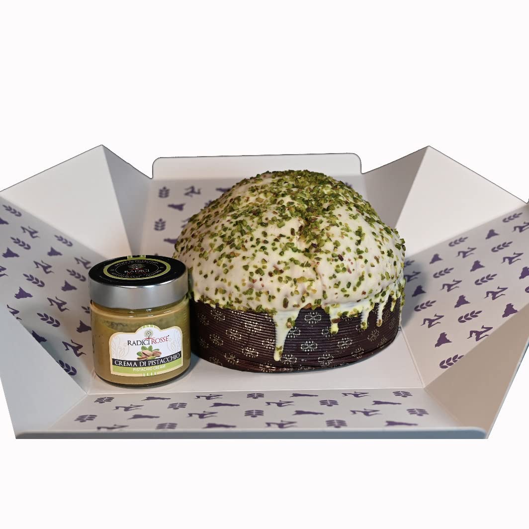 Panettone à la pistache glacée chocolat blanc et grain de pistache avec pot de crème de pistache, poids total 1 kg