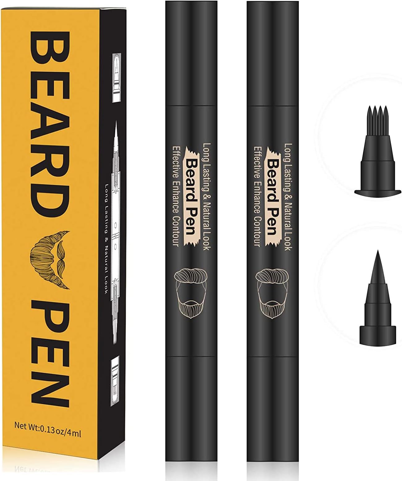 Beard Pencil Filler Kit - 4 Tip Pen and Brush for Men, Facial Hair Enhancer and Mustache Shaper (2 Black Pens)