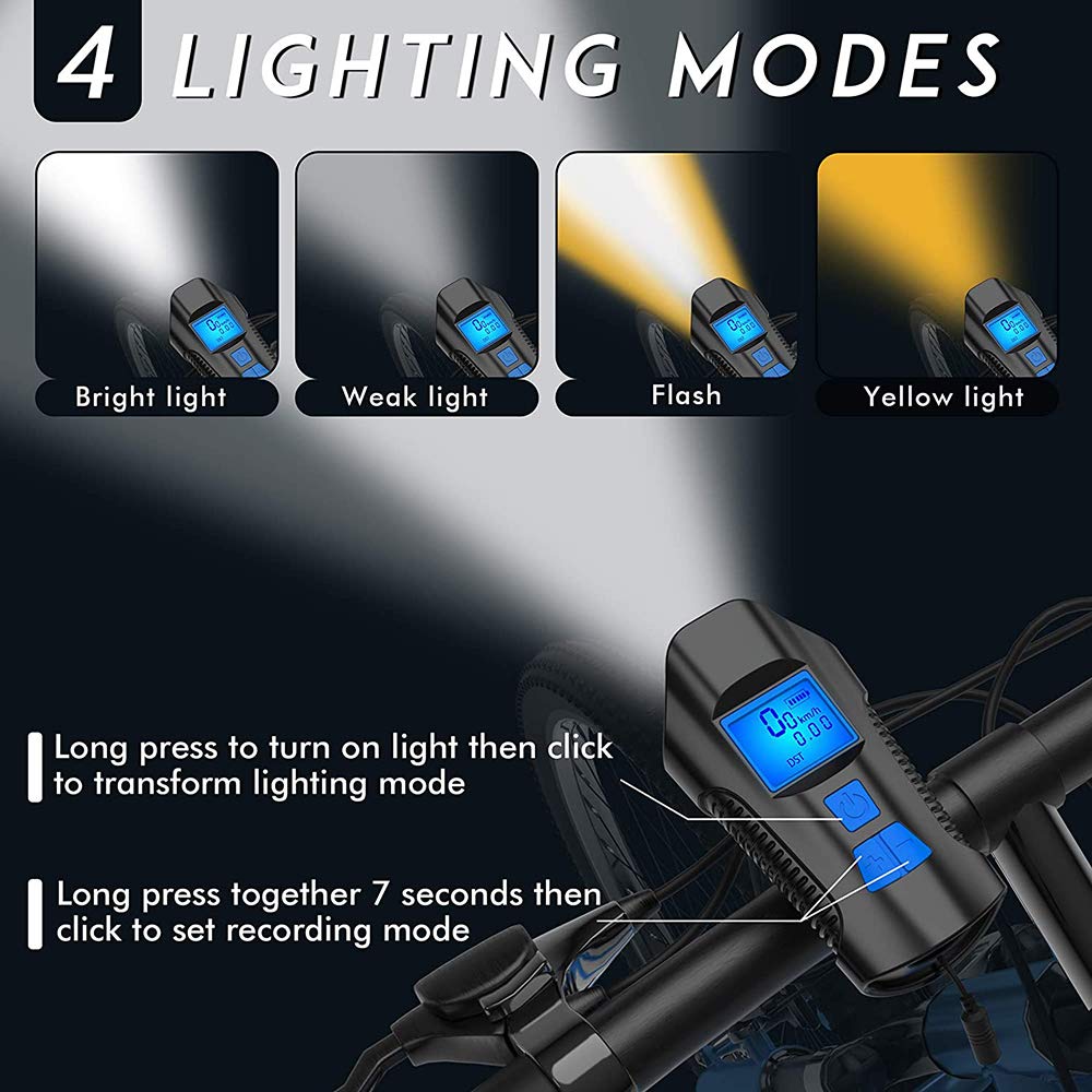 TIORU USB Luce della Bicicletta IPX7 Luci Ciclistiche Bike Computer 6 modalità Horn Torcia Elettrica Bici Tachimetro con Fanalino Posteriore