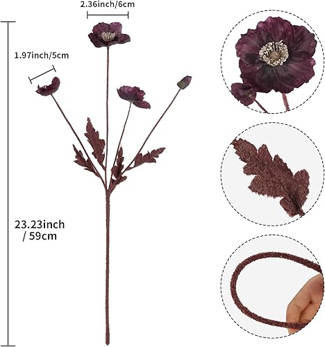 Miniatura 2 de IPOPU Flores artificiales de amapola de ciruela, 8 unidades, flores de amapola de seda con tallos, arreglos florales de seda para centros de mesa de