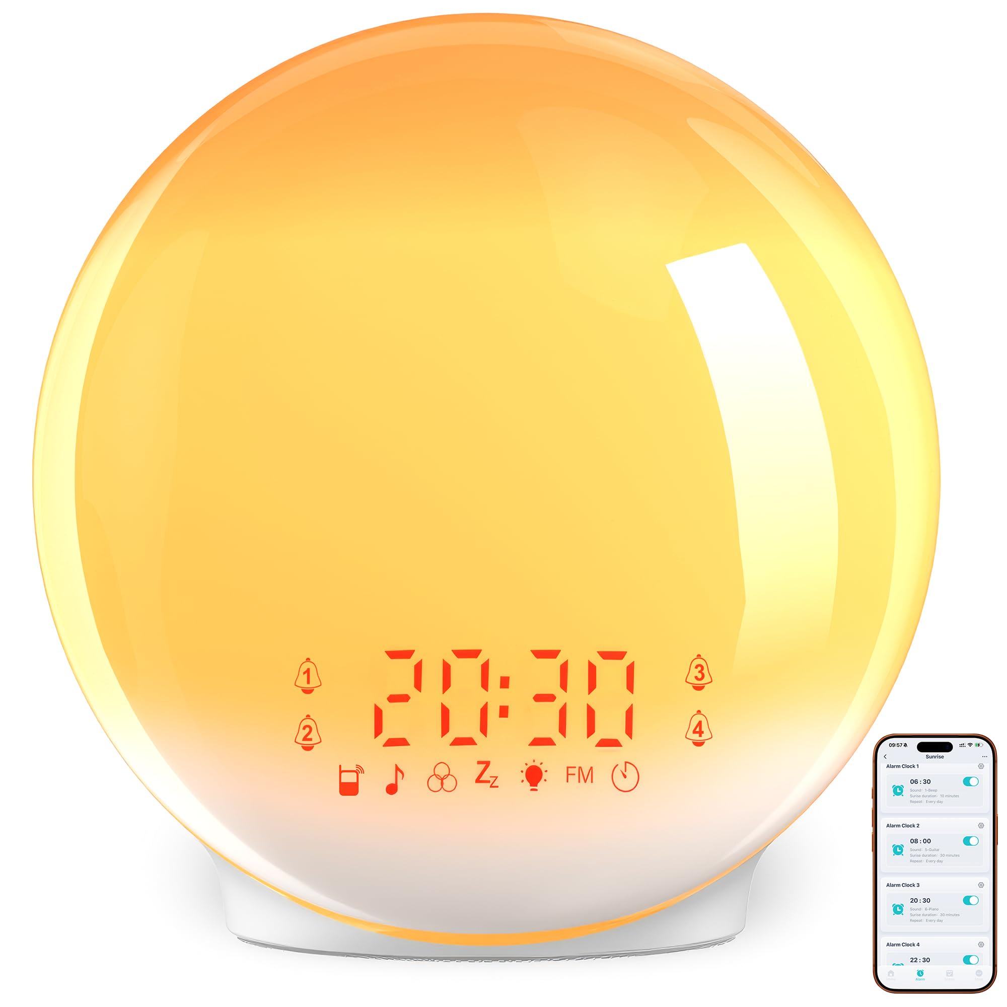 Tageslichtwecker, Lichtwecker Sonnenaufgang Simulation mit 4 Alarme, App Steuerung, Wecker mit Radio, 7 Naturgeräuschen, Snooze, 12 Farbmodi, 20 Helligkeitsstufen, Für Erwachsene, Babys (Gelb)