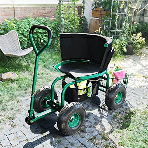 Yardsam Rolling Garden Cart Scooter With Work Seat And Wheels, Garden Cart Rolling Stool With Swivel Seat, Storage Basket, Backrest, Extendable Handle, Tool Tray, Seating Cushion, Green #TOP1