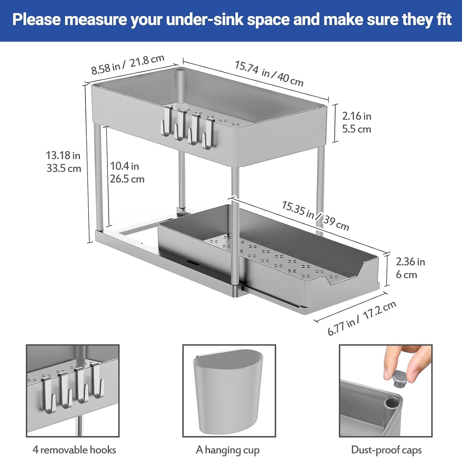 Puricon Organizer Sottolavello Cucina a 2 Livelli, Organizzatore Sottolavello Cucina Estraibile, Sottolavello Cucina Salvaspazio Multiuso Porta Detersivi Sottolavello Organizer per Cucina Bagno-Grigio