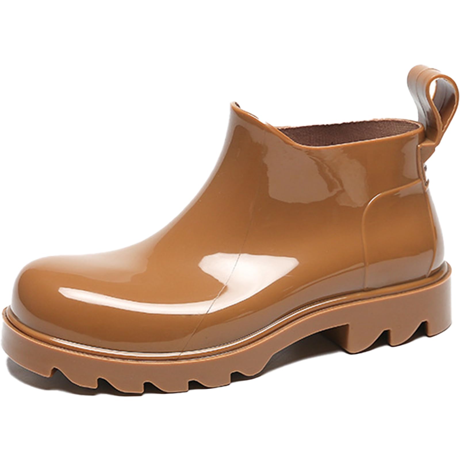 Womens PVC Lug Sole Ankle Rain Boots Comfort Round Toe Waterproof Low Chunky Platform Non-Slip Mid Top Garden