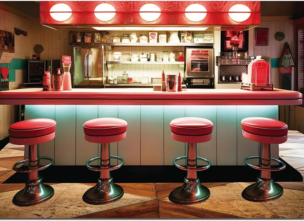 Vintage 50s Diner Photo Banner 7x5ft Classic 1950s Fast Food Soda Shop Restaurant Ice Cream Bar Photography Backdrop for Baby Shower 50s Diner Back to 50s Birthday Party Decor Supplies