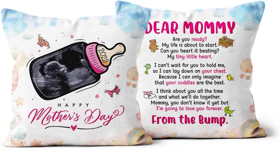 Personalized Square Pillow for Mommy from Baby Bump Pregnancy Gifts This Mother's Day I Will Be Snuggled Baby Ultrasound Baby Bottle Custom Name & Photo Double Sided Cushion On Mothers Day