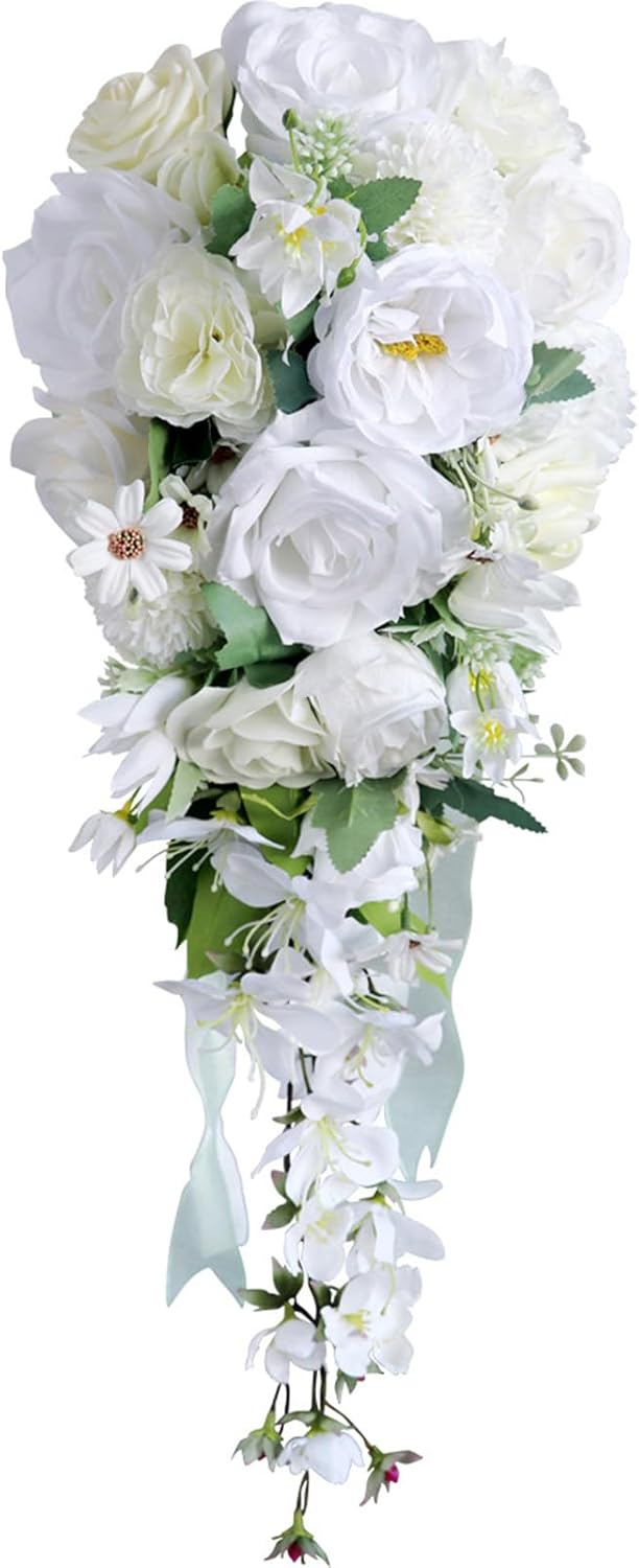 White Artificial Flowers Wedding Bouquets for Bride Bridesmaid 9.4 Inch Cascading Water Drop Bridal Bouquets for Wedding Bridal Shower Ceremony Anniversary Day Decor