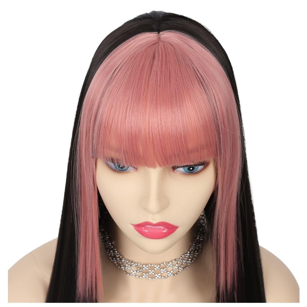 Salaibs Black Straight Long Womens Wig with Pink Bangs Synthetic Heat Resistant Fiber Cosplay Halloween Wig - Image 3