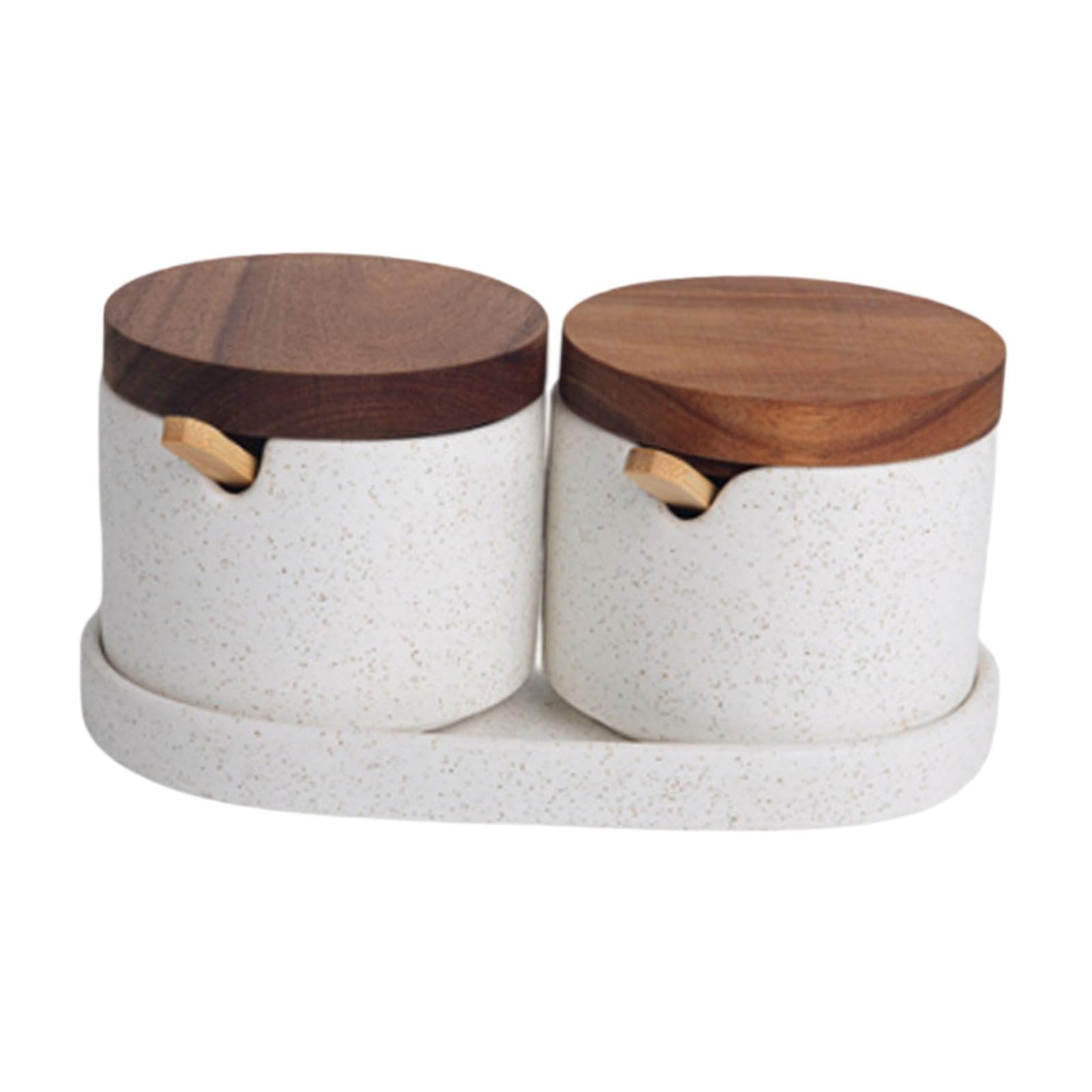 2 Tarros para Especias Y Condimentos, Tapa de, Cuchara Y Bandeja de Cerámica. Diseño Moderno, Ideal para El Hogar Y La Cocina. Regalo, 2 Piezas