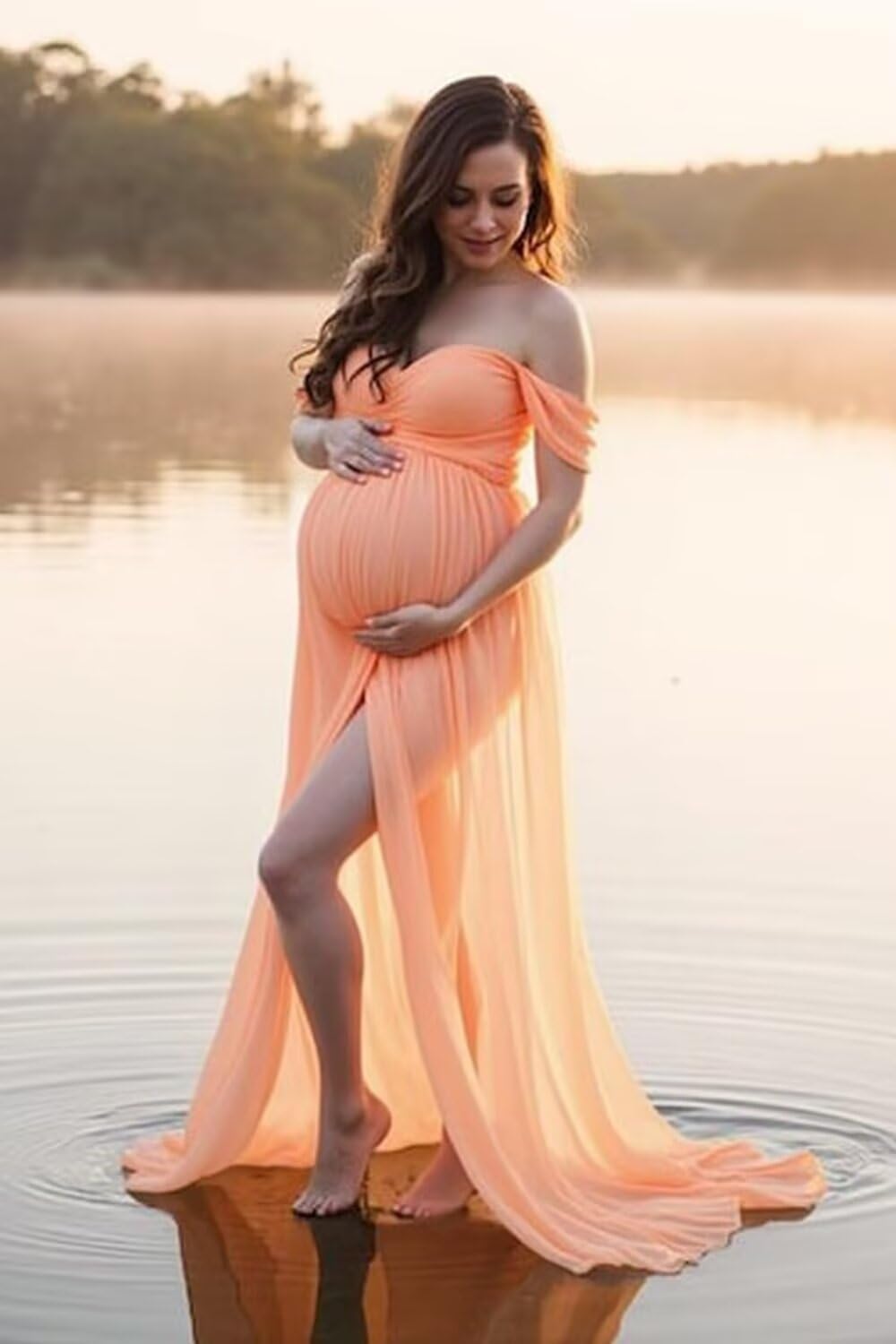 Changuan Off Shoulder Chiffon Maternity Dress for Photoshoot Sweetheart Long Babyshower Pregancy Gown with Slit