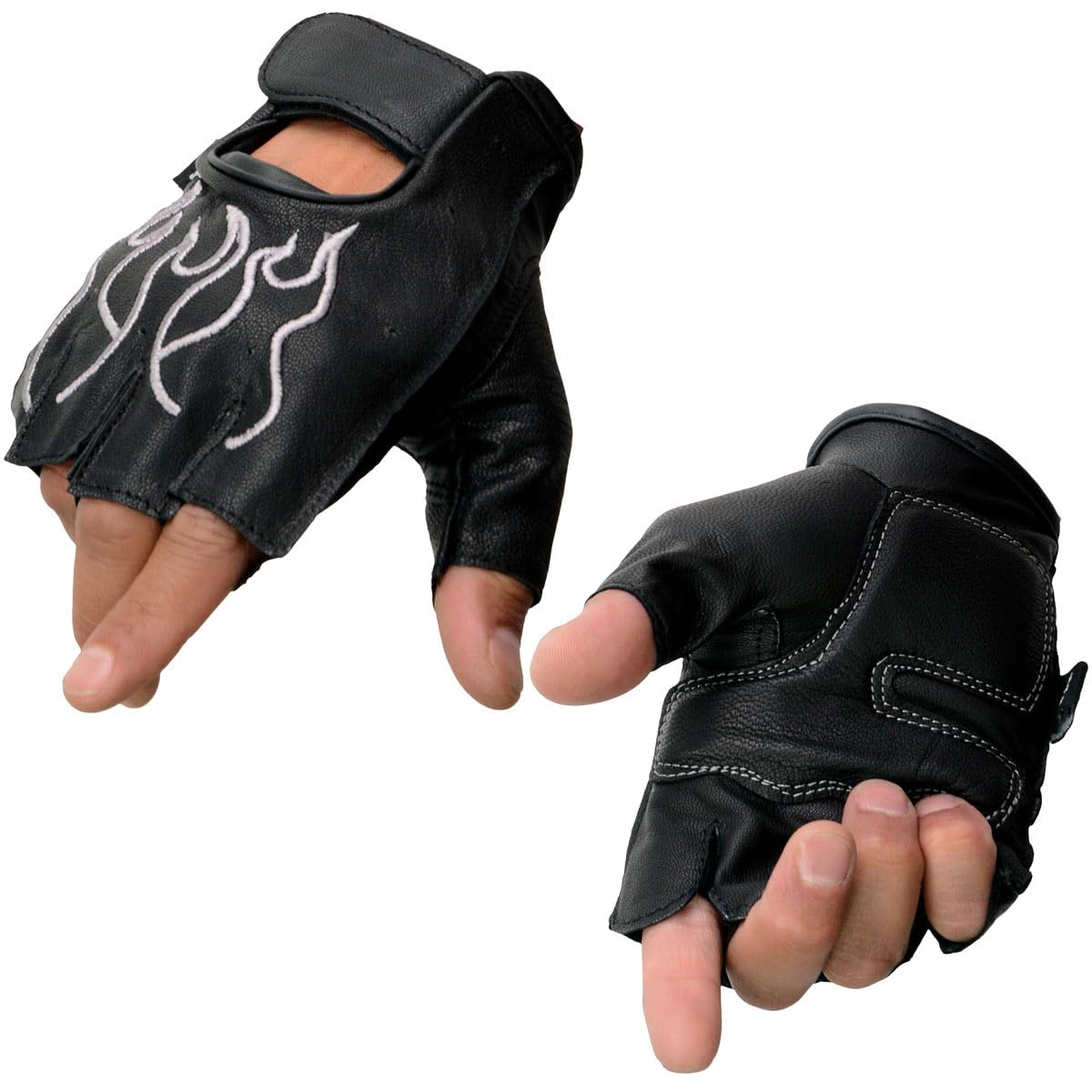 Milwaukee Leather SH198 Mens Black Leather Gel Padded Palm Fingerless Motorcycle Gloves w Grey Flame Embroidery - X-Small