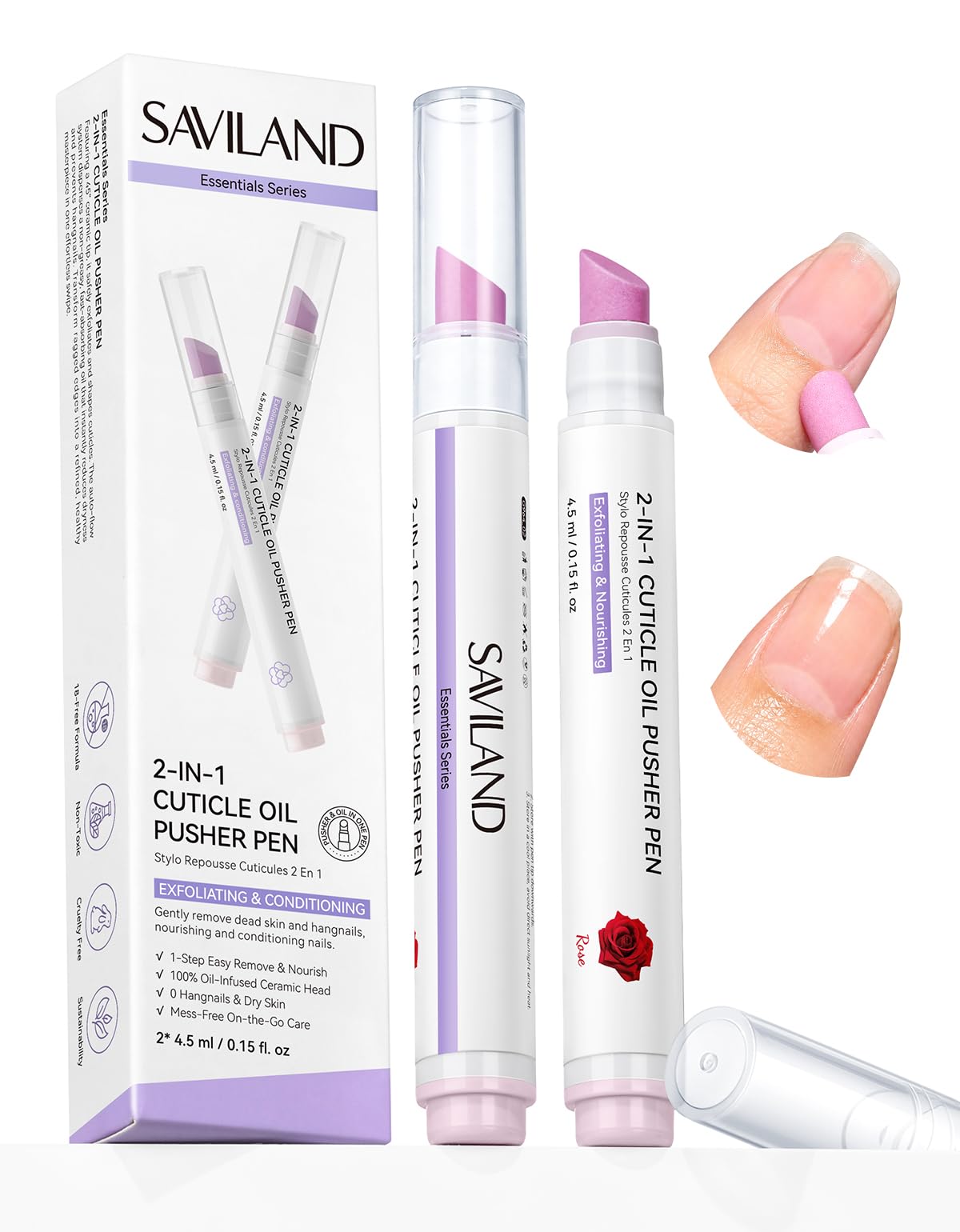 SAVILAND 2-In-1 Cuticle Remover Pen Ceramic 45° Textured Tip Rose Oil 2PCS