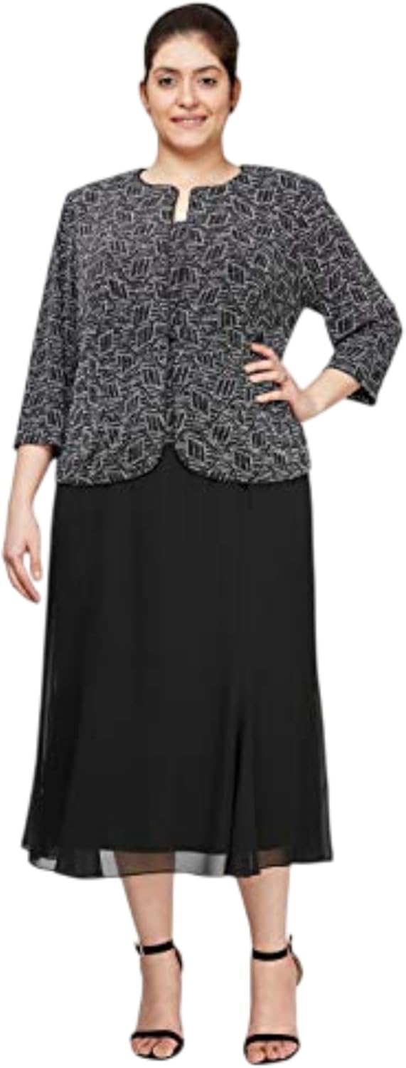 Alex Evenings Women's Plus Size Tea Length Button-Front Jacket Dress