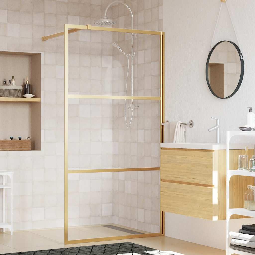 Mampara de ducha de cristal templado transparente dorado de 113 a 115 x 195 cm, 5 mm, con 3 paneles y perfil ajustable, protección contra salpicaduras