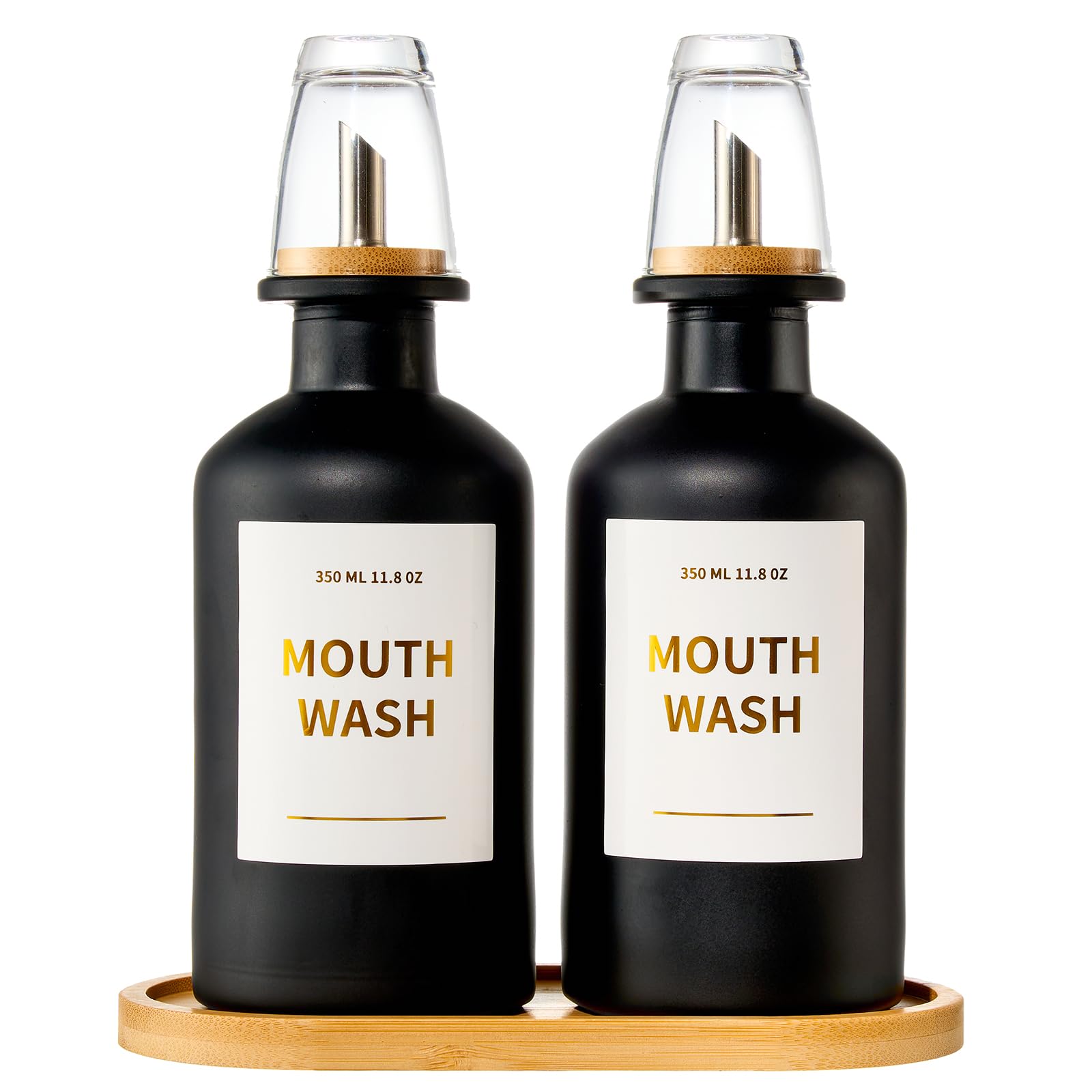 MUVEKA Glass Mouthwash Dispenser for Bathroom, 11.8oz Mouthwash Holder with Stianless Steel Spouts, Mouthwash Decanter with Bamboo Holder, Refillable