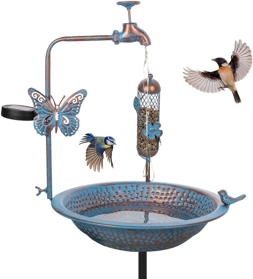 Bird Bath for Outside, 3" Deep Bird Bath and Feeder Combo, Tall Metal Standing Bird Baths, Antique Blue Faucet Solar String Light Birdbaths for Outdoors Garden Yard Lawn Decorations Blue-13 Inch