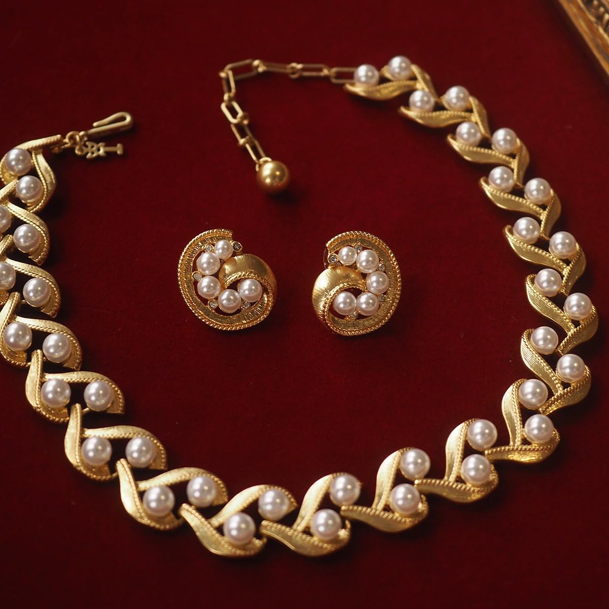Boucles d'oreilles non percées perle brossée et collier vintage ruban - 6