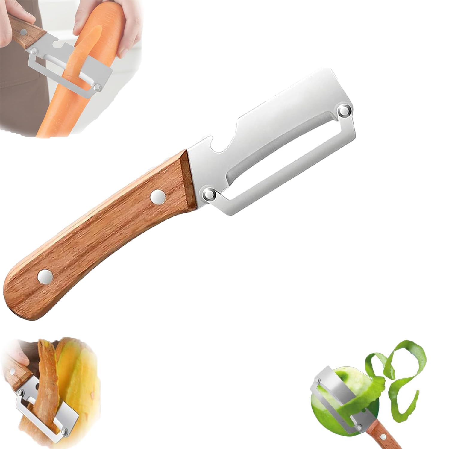 Photo 1 of 2-in-1 Multifunctional Vegetable Peeler with Wooden Handle & Stainless Steel Blade, Multifunctional Vegetable Peeler, Built-in Bottle Opener, Fruit & Vegetable Kitchen Peeling Tool (1Pcs)