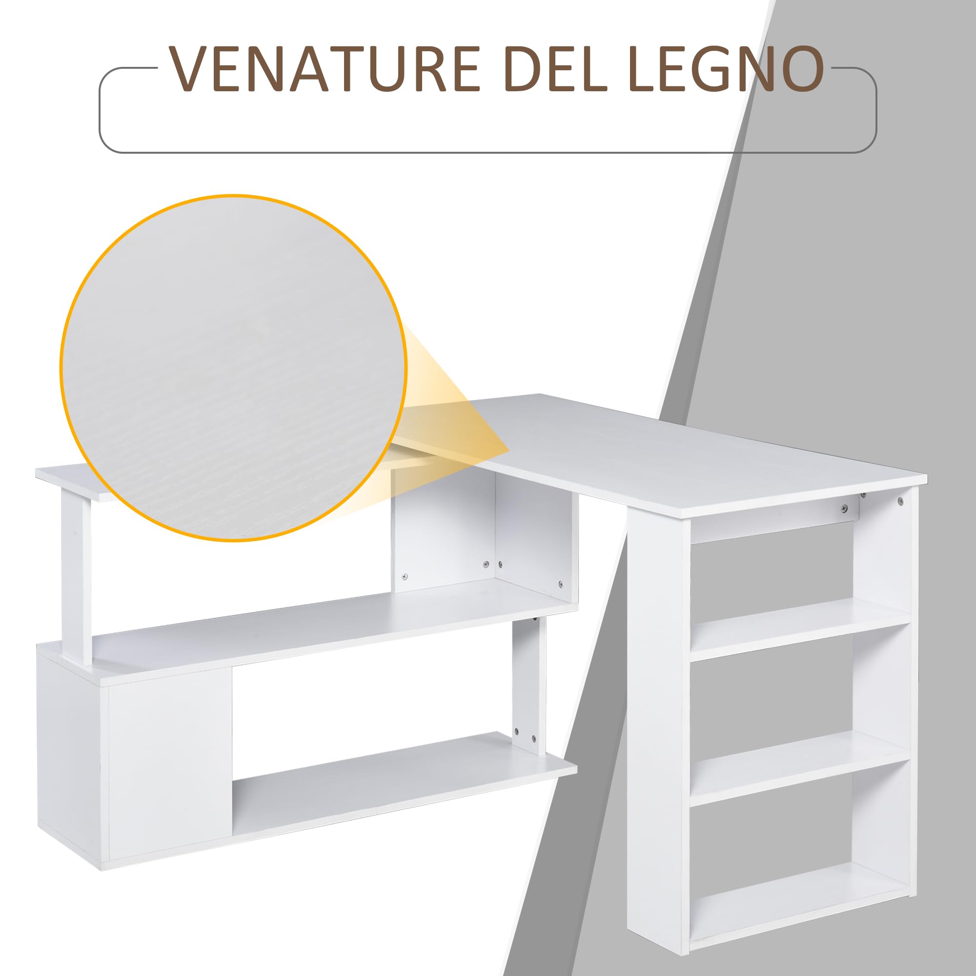 HOMCOM Scrivania Angolare Reversibile con 5 Ripiani Portaoggetti, Scrivania ad Angolo per Computer in Legno, per Ufficio, Soggiorno e Studio, Stile Industriale, 120x110x74.5 cm, Bianco