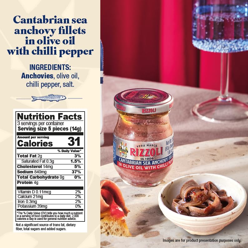 MANGIAR BENE RIZZOLI – Anchovies Fillets in Olive Oil & Chilli Pepper – 2.82oz Jar. (MSC-Certified Sustainable Seafood, From The Cantabrian Sea)