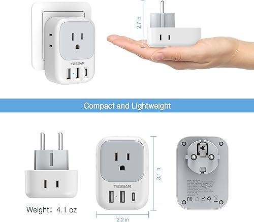 Miniatura 18 de Adaptador de enchufe de viaje para Italia, paquete de 2, adaptador de corriente TESSAN Italia con 4 tomacorrientes, 3 cargadores USB