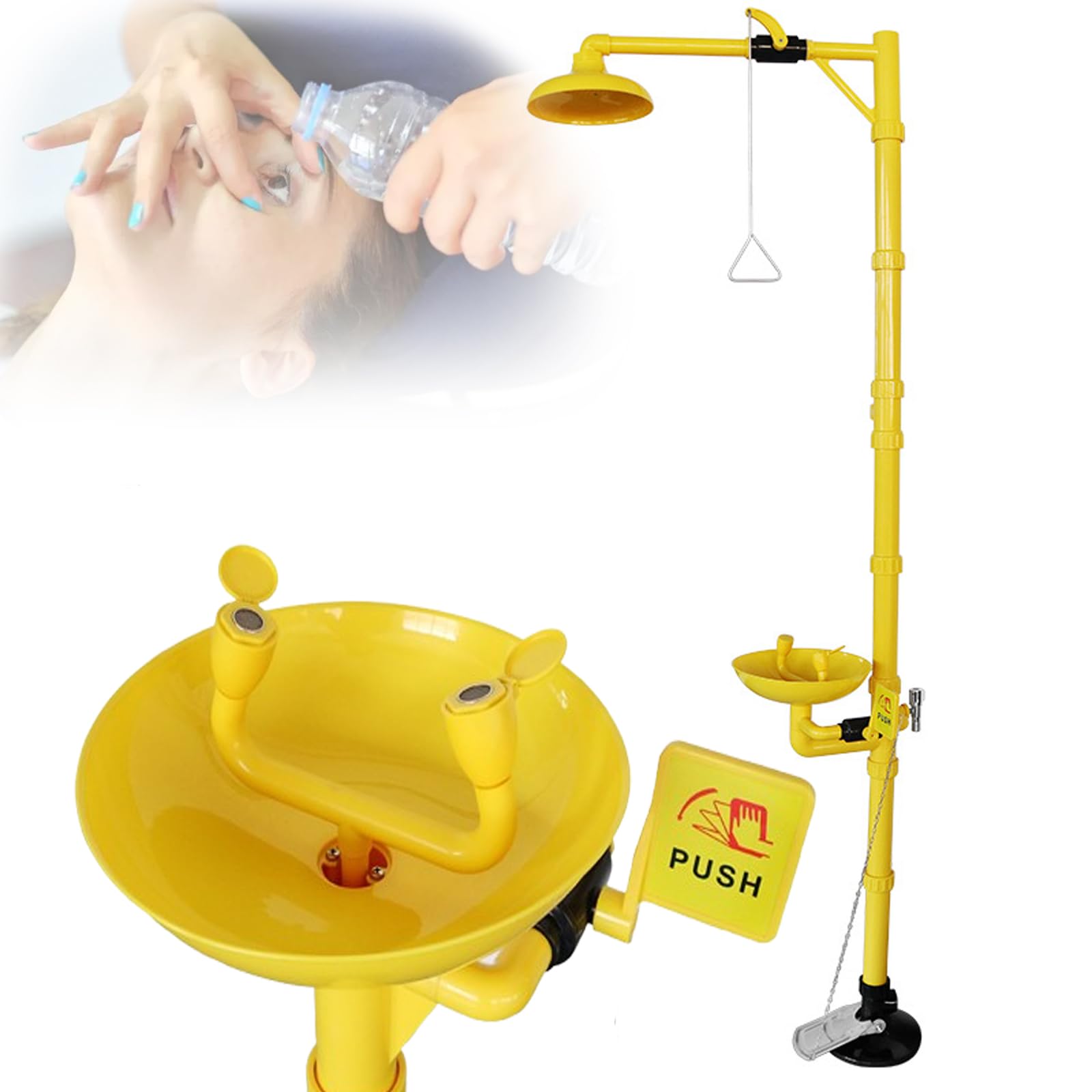 Ducha de emergencia y lavado de ojos con boquillas dobles y caudal de 12 l/min