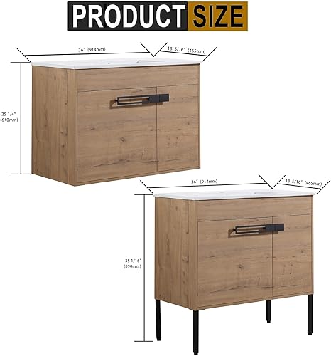 Miniatura 2 de SSLine Mueble de baño 2 en 1 montado en la pared y de pie independiente con lavabo moderno de 36 pulgadas con lavabo superior y armario de