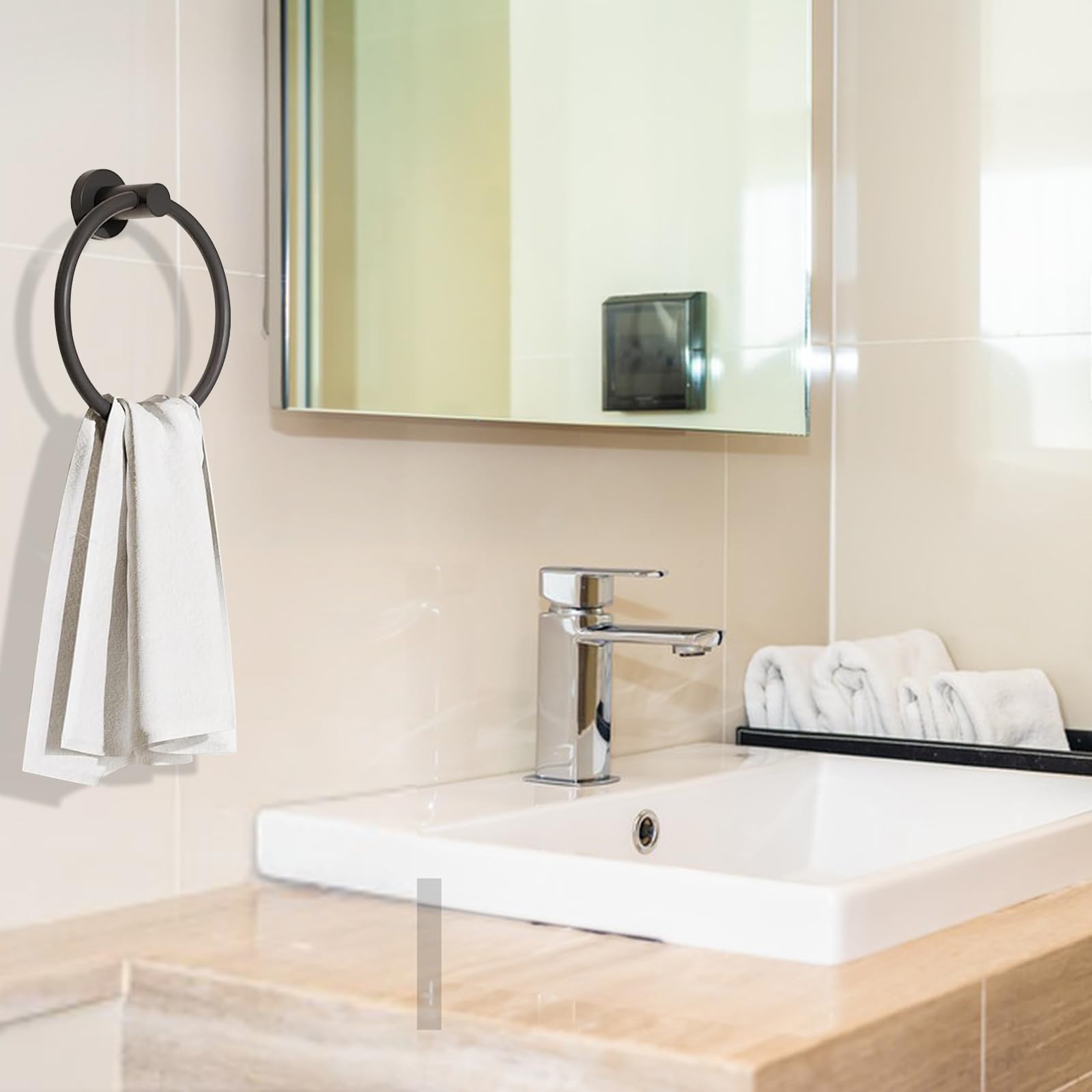 Toallero de Anilla, Soporte de Toallas Baño, Toalleros de Aro de Acero Inoxidable, Toallero Redondo con Accesorios de Fijación (Negro Mate)