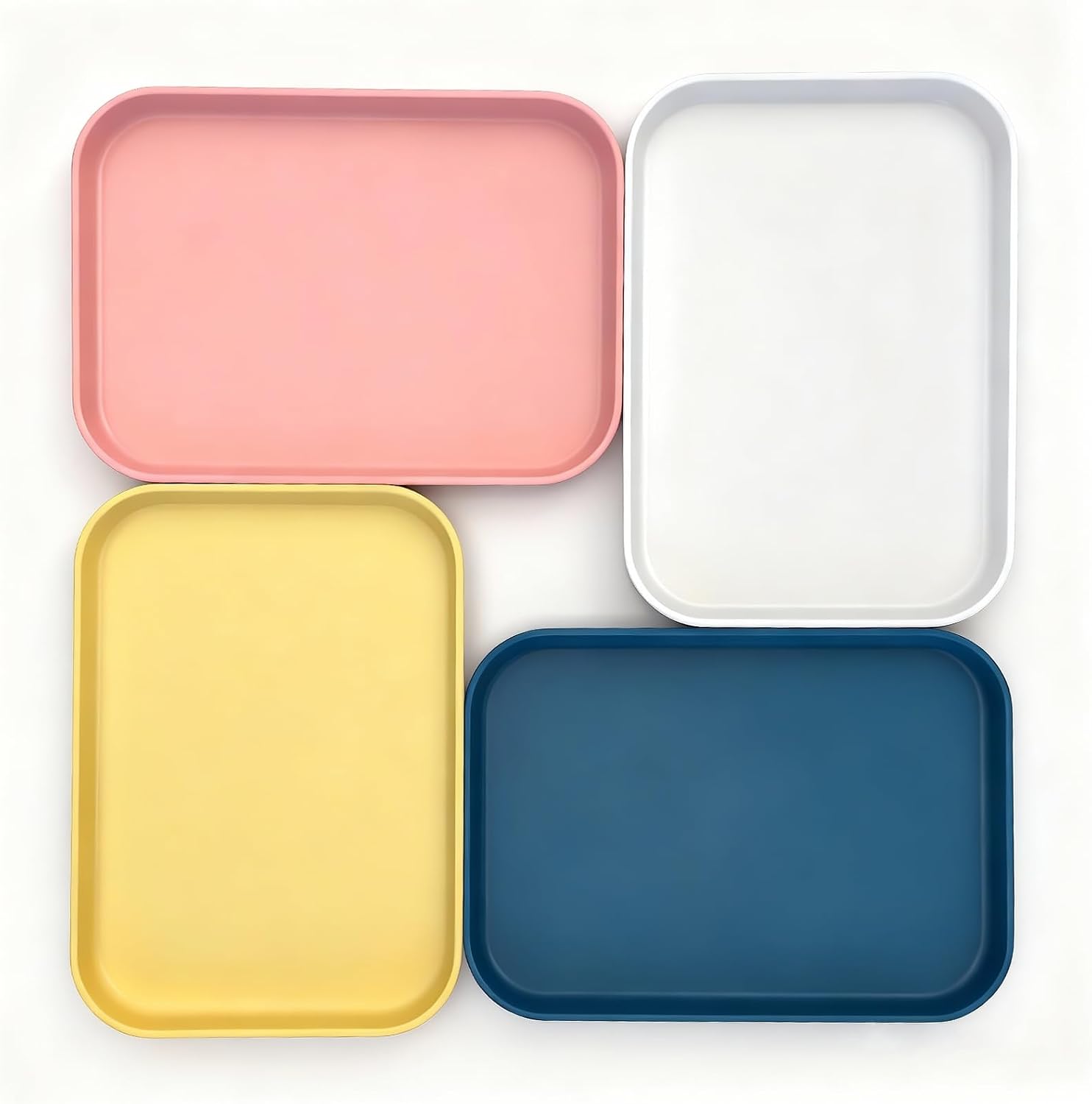 Plastic Serving Trays Set of 4, Rectangular Reusable Unbreakable Platters for Party, Picnic, BBQ & Home, Lightweight Stackable BPA-Free, (White, Yellow, Coral Pink, Navy Blue)