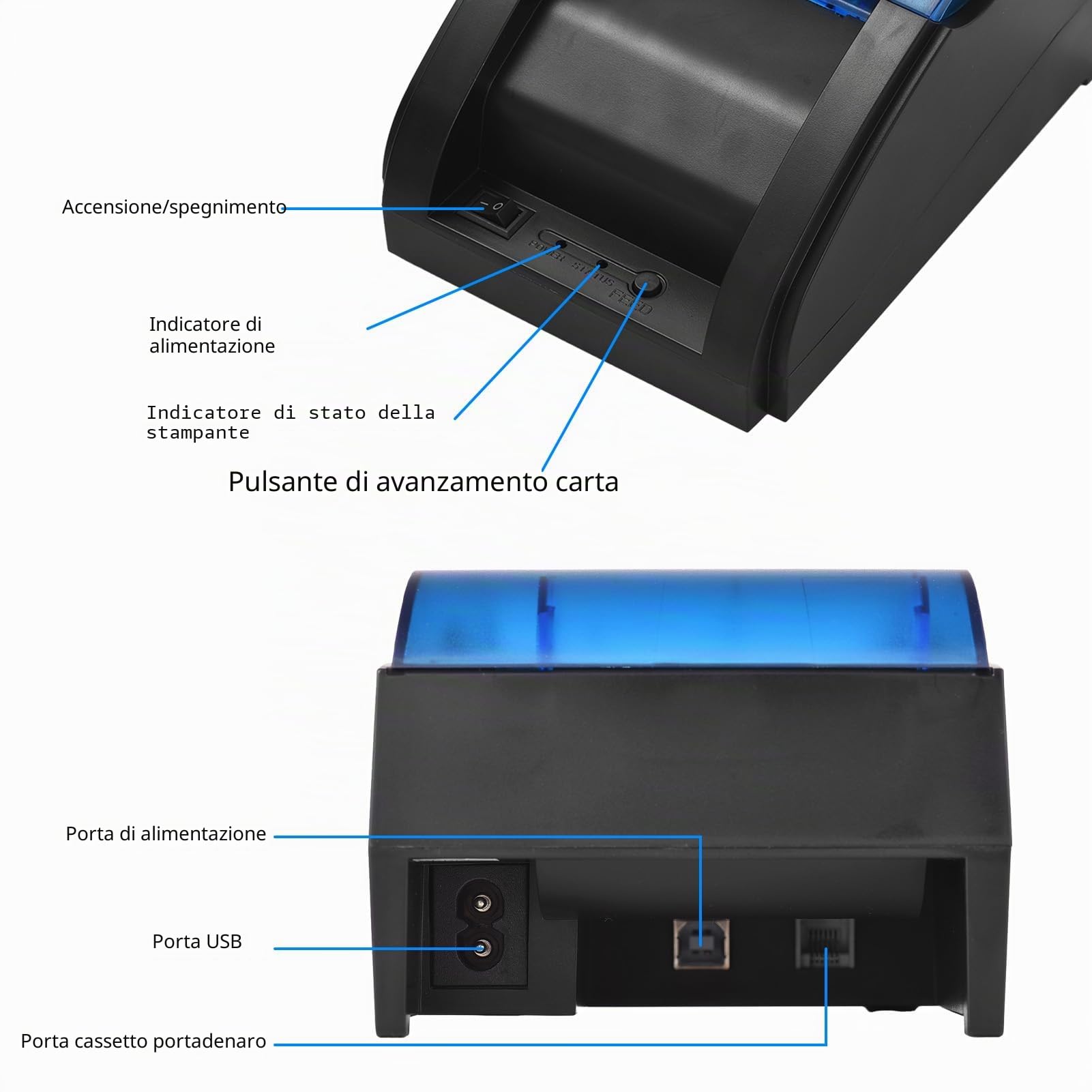 Stampante per ricevute desktop da 58 mm, stampa termica diretta compatibile con Android/iOS/Windows, supporta ESC/POS per la spedizione, ristorante, cucina, supermercato, casa,
