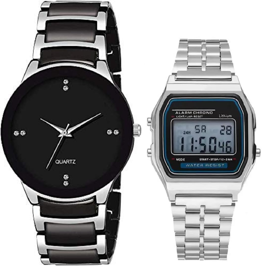 SELLORIA Brand a Digital and analog 4 Colours Vintage Square and round Dial Unisex Wrist Watches for Men Women Pack of 2 watches (Silver)