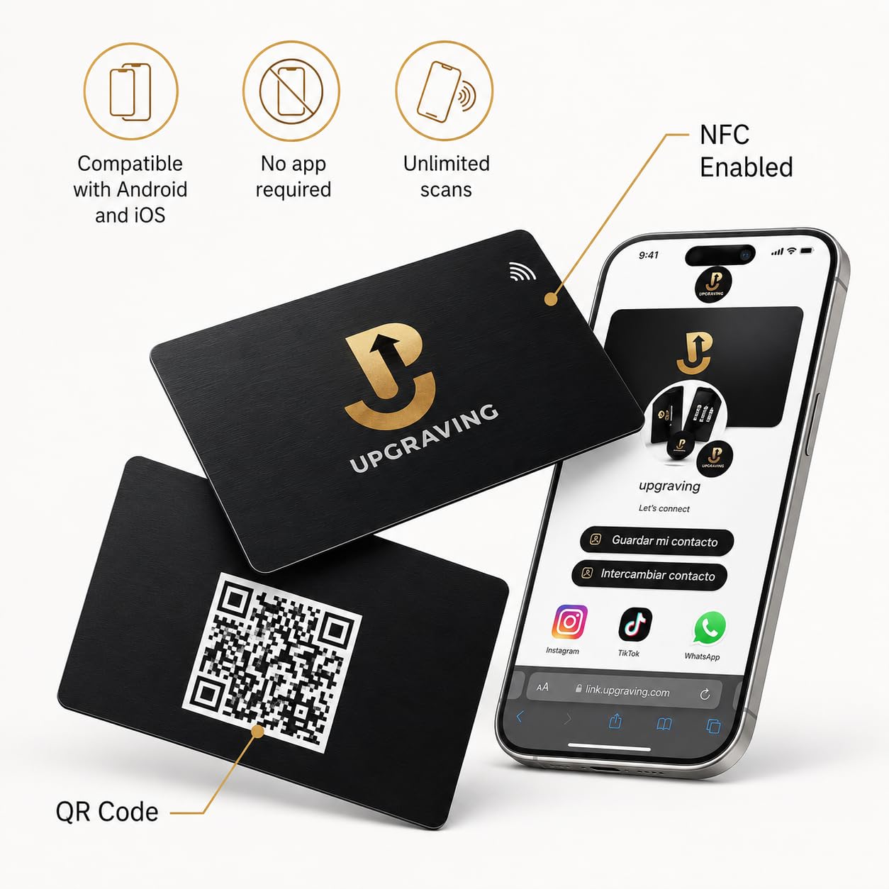 Tarjeta de visita digital con código QR y toque para compartir tecnología NFC, compatible con iPhone y Android, no requiere aplicación o suscripción (negro)