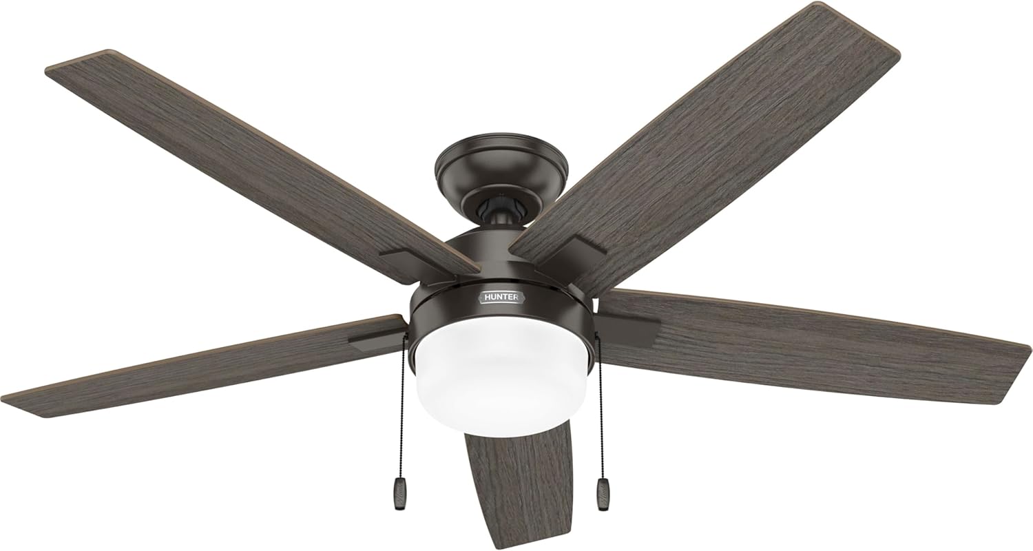 Hunter Ceiling Fan with LED Light - Black Ceiling Fan with Pull Chain, For Bedroom or Living Room, Standard Mount, No Remote, 5 Blades, Includes Bulbs - Anisten (Noble Bronze, 52 inch)