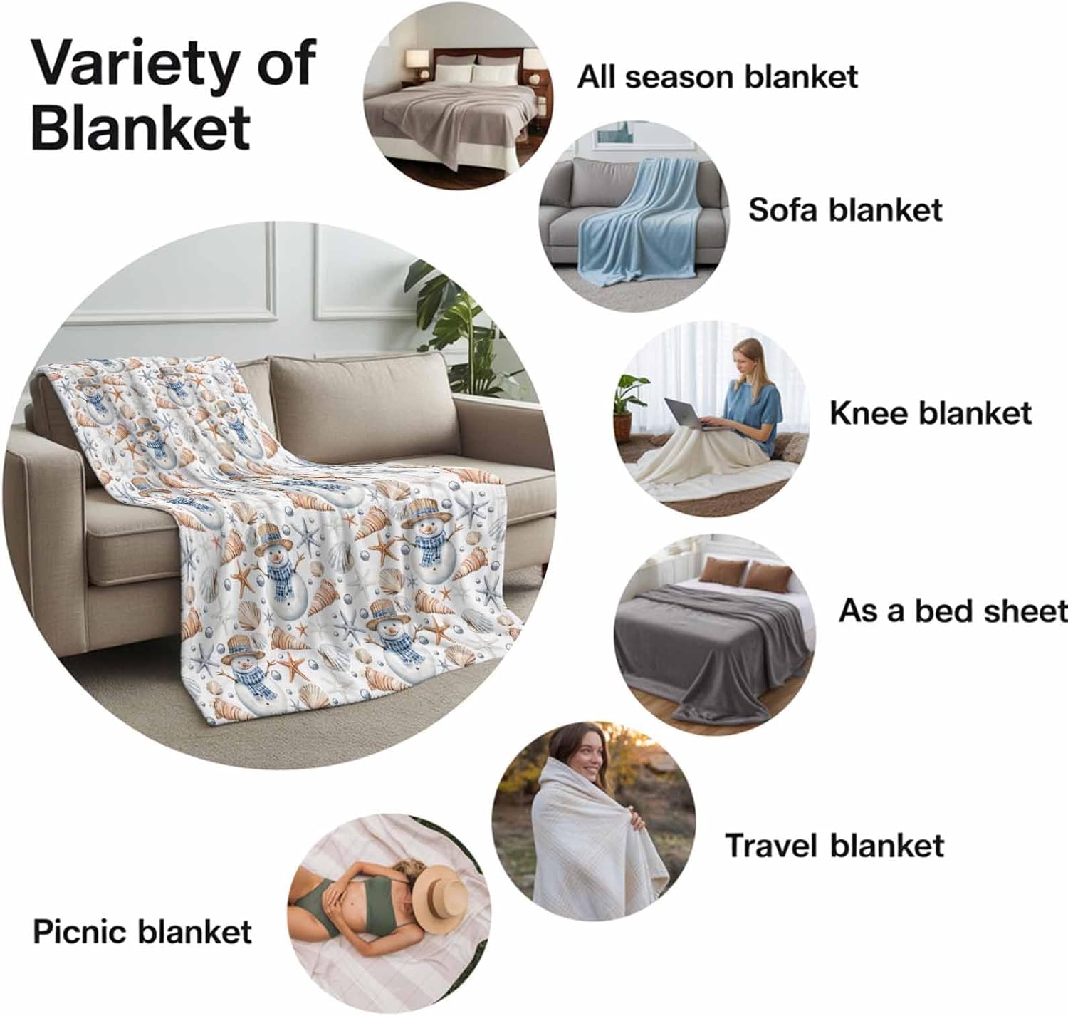 Throw Blanket for Couch Bed Blankets Winter Christmas Snowman Seashell White Soft Cozy Fluffy Fleece Throws Dorm Room Decor Gifts for Girls Women Men Birthday Holiday 50" W x 60" L