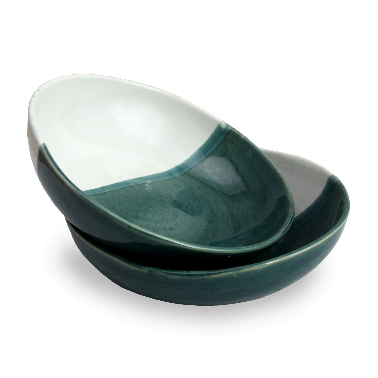 roro Handmade Ceramic Divided Bowls - 7.5-Inch Lunar White & Deep Green, Set of 2 | Modern Two-Tone Stoneware for Pasta, Salads, Appetizer