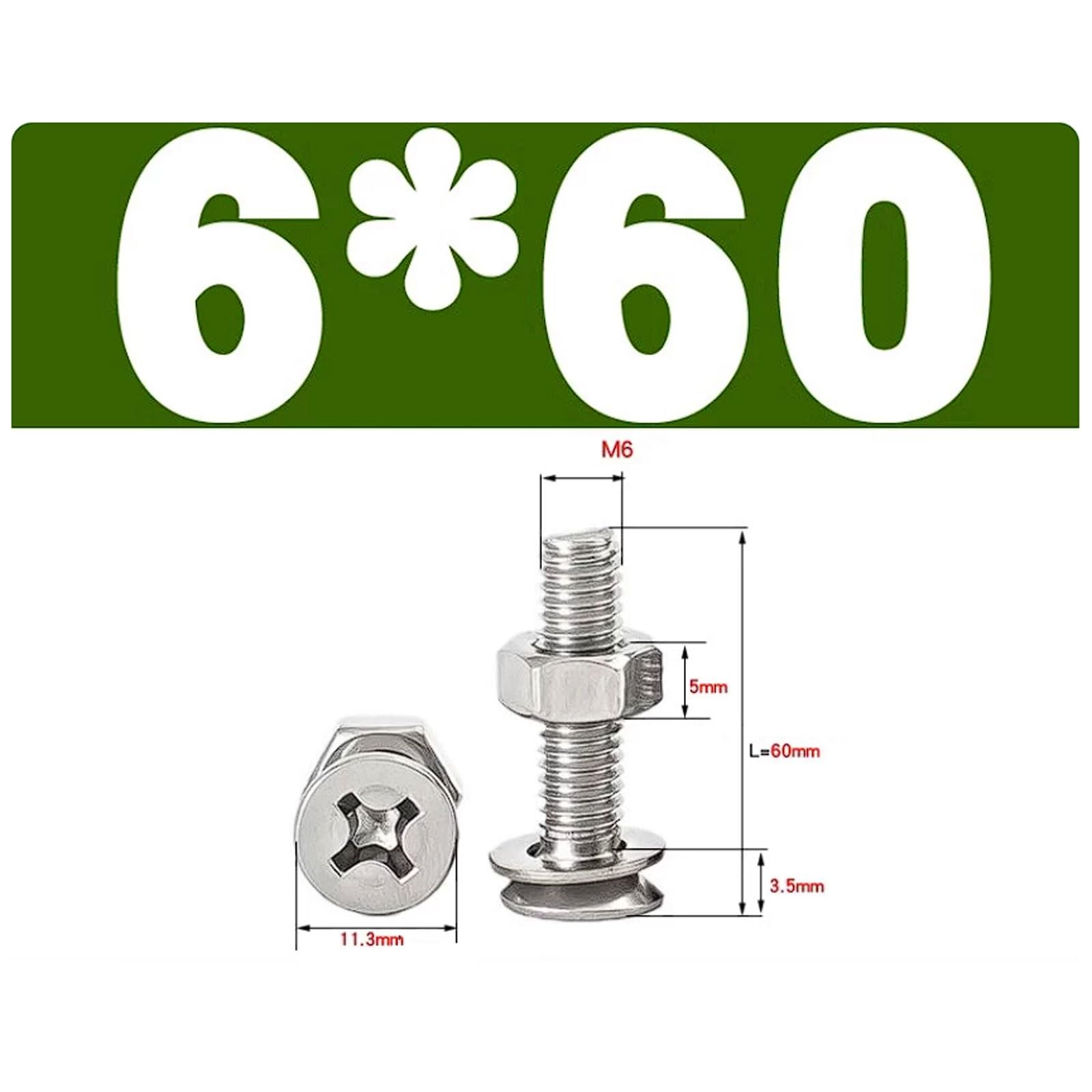 Kit de tuercas y tornillos cabeza cruzada avellanados M6 acero inoxidable 304 con arandelas, 50 juegos, plana(M6*60 (50 sets))