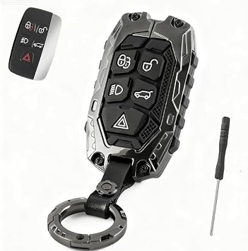 Heavy Duty Key Fob Cover for Land Rover Range Rover Sport Evoque Discovery 4 Freelander & Jaguar XE XJ XJL XF, Anti-Scratch Zinc Alloy Metal Key Case Shell with Keychain Black