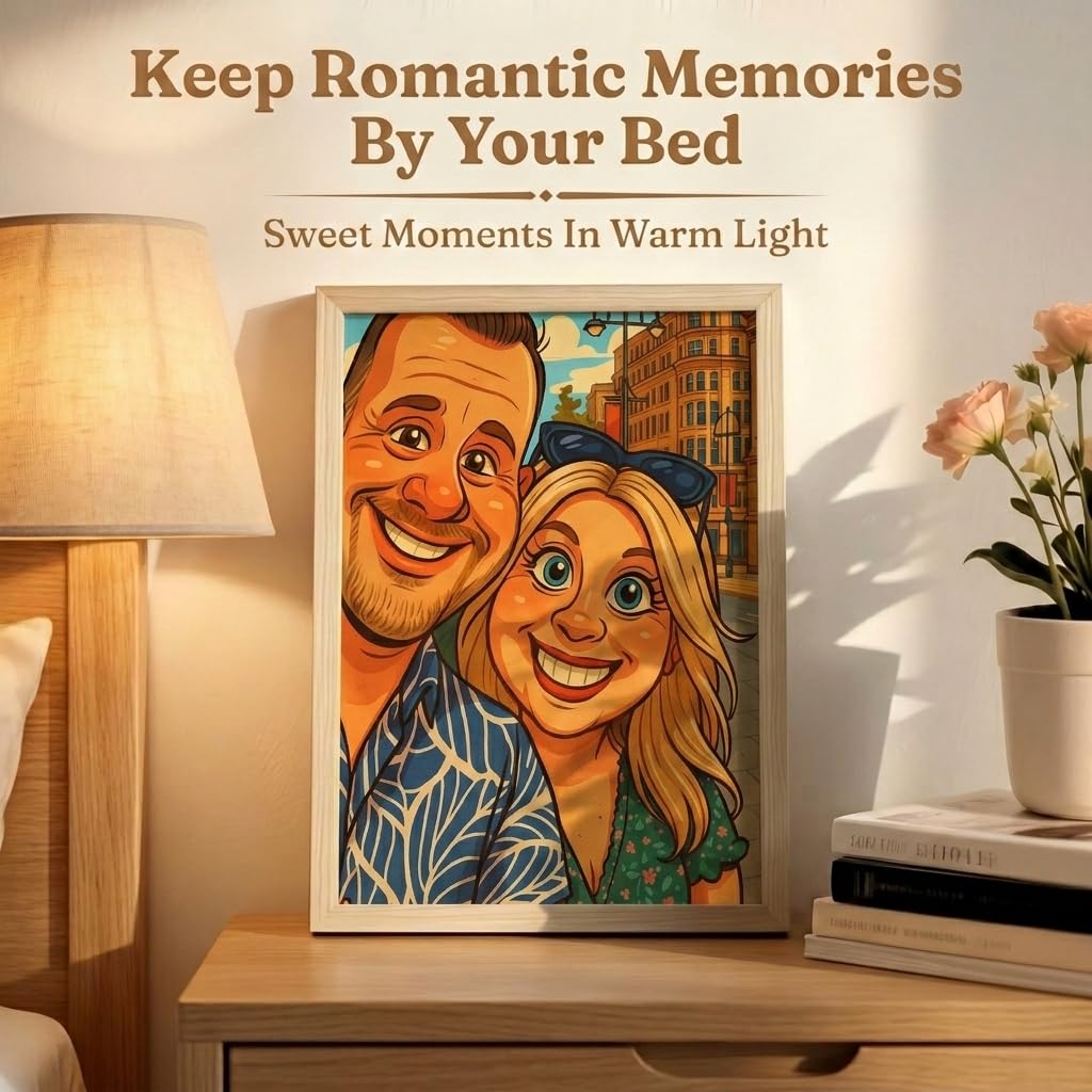 Cadre Photo Cartoon Personnalisé en Bois – Portrait Photo Cartoon avec Nom, Illustration Famille ou Couple, Cadeau Romantique pour Anniversaire, Mariage, Fête ou Décoration Maison