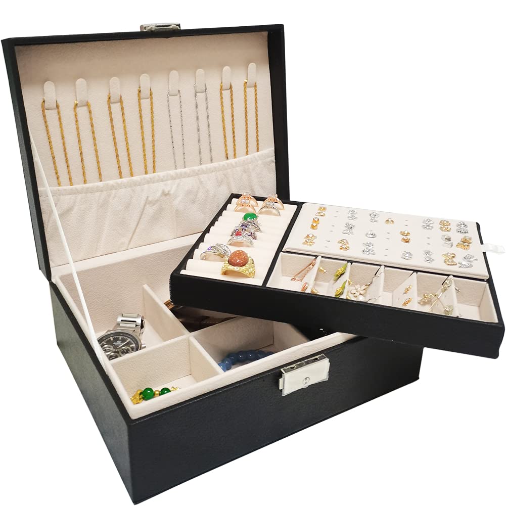 PUFIER 2 Layer Jewelry Organizer Box with 74 Stud Jacks Smooth Leather with Removable Tray for Jewelry Storage Case Display Holder for Women & Girls Christmas Birthday Gift (black)