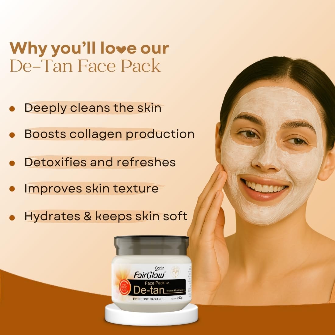 Corlin Fair Glow DeTan Pack 250g for Face | Tan Removal | Brightening Care | Deep Cleansing | Salon Use | for Men & Women 1