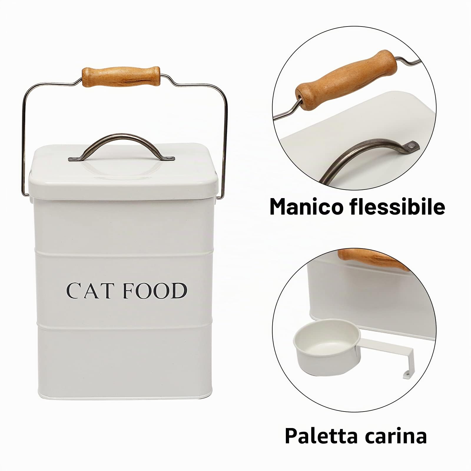 Morezi Contenitore per cibo per animali domestici, contenitore per cibo per gatti, può contenere cibo da 2 kg, con coperchio e cucchiaio-Bianco