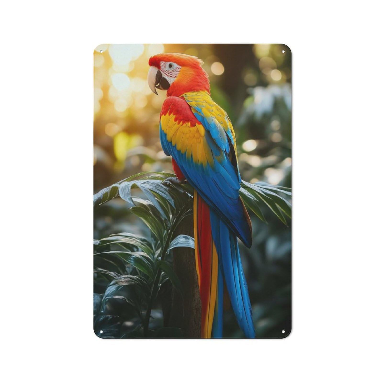 Vintage Tin Sign 30x20cm with Colorful Macaw Parrot Perched on Branch for Living Room Or Hallway, for Vintage Wall Decor Fans, for Metal Sign Collectors