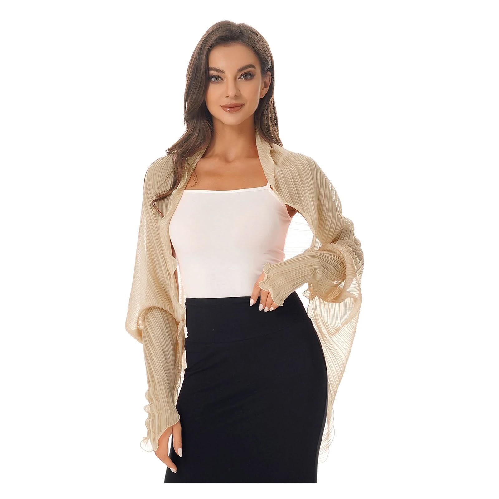Bolero Donna Coprispalle in Chiffon da Donna, a Maniche Lunghe, con Protezione Solare, Aperto sul Davanti, Scialli in Chiffon, Bolero(Khaki)