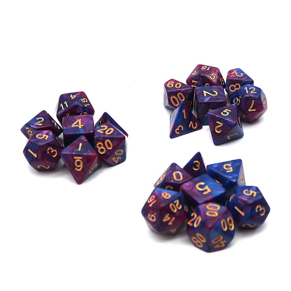 DollaTek Zestaw ko?ci wielo?ciennych, gry sto?owe, 3 zestawy ko?ci 3 x 7 (21 sztuk), seria matryc, D20, D12, D10, D8, D6, D4, DND, DND, RPG, MTG, podwójne kolory, jedna sztuka (fioletowy i niebieski)