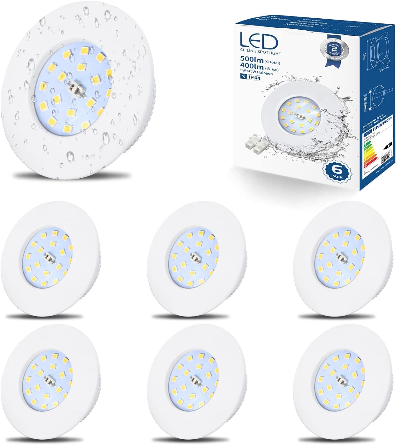 HiBay 6 Faretti Led da Incasso per Cartongesso 5W Ultrasottili Faretti Led Soffitto Incasso 500LM,6000K Bianco Freddo,220V IP44,Diametro Foro Ø60mm-65mm per Bagno,Esterno